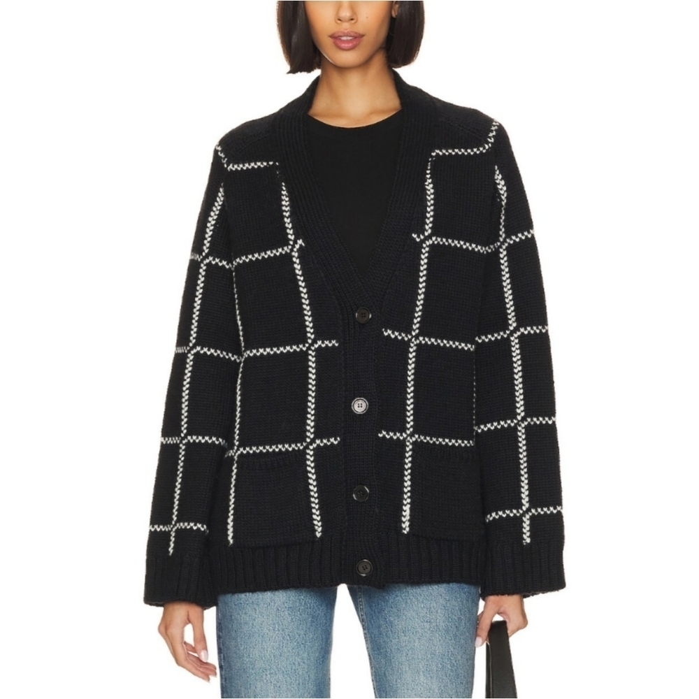 Anine Bing Womens Black Plaid  Kurt Merino Wool Knit Cardigan Sweater Medium
